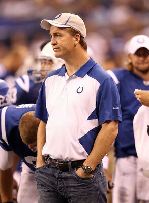 INDIANAPOLIS, IN - AUGUST 19: Peyton Manning of the Indianapolis Colts watches the action during the game against the Washington Redskins at Lucas Oil Stadium on August 19, 2011 in Indianapolis, Indiana.  (Photo by Andy Lyons/Getty Images)