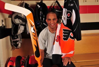 VOORHEES, NJ - AUGUST 26:  Goaltender Ray Emery of the Philadelphia Flyers poses for a portrait in the locker room at the Virtua Center Flyers Skate Zone training facility on August 26, 2009 in Voorhees, New Jersey. (Photo by Norman Y. Lono/Getty Images)