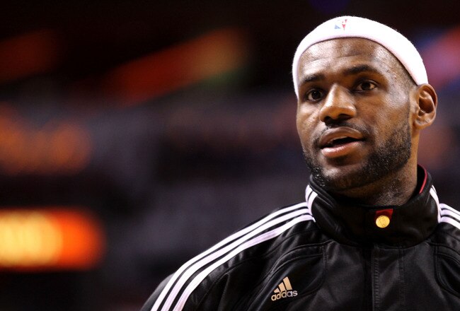 MIAMI, FL - JUNE 12:  LeBron James #6 of the Miami Heat looks on against the Dallas Mavericks in Game Six of the 2011 NBA Finals at American Airlines Arena on June 12, 2011 in Miami, Florida. NOTE TO USER: User expressly acknowledges and agrees that, by d