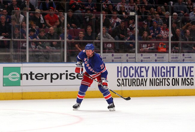 NEW YORK, NY - APRIL 17:  Bryan McCabe #28 of the New York Rangers stands on ice against the Washington Capitals in Game Three of the Eastern Conference Quarterfinals during the 2011 NHL Stanley Cup Playoffs at Madison Square Garden on April 17, 2011 in N