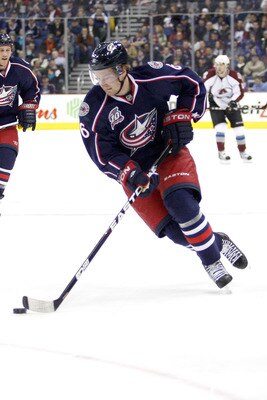 COLUMBUS, OH - FEBRUARY 11:  Anton Stralman #6 of the Columbus Blue Jackets skates with the puck during a game against the Colorado Avalanche on February 11, 2011 at Nationwide Arena in Columbus, Ohio. (Photo by John Grieshop/Getty Images)