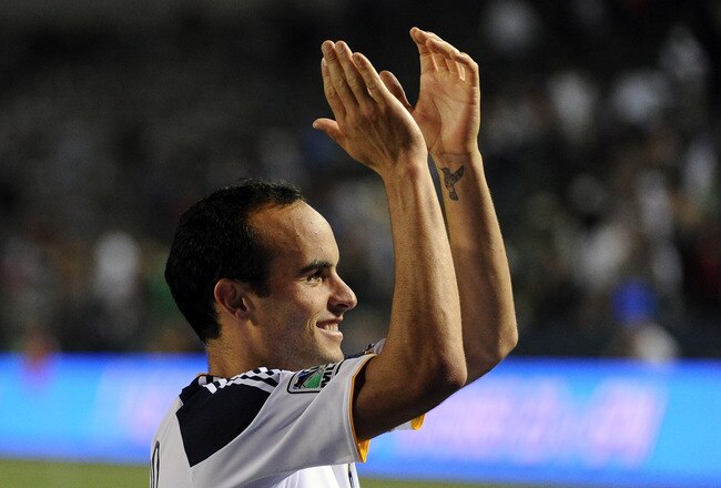 CARSON, CA - AUGUST 20: Landon Donovan #10 of the Los Angeles Galaxy reacts to a 2-0 win over the San Jose Earthquakes at The Home Depot Center on August 20, 2011 in Carson, California.  (Photo by Harry How/Getty Images)