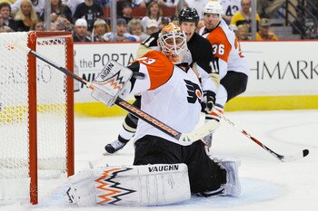 PITTSBURGH - APRIL 17:  Goaltender Martin Biron #43 of the Philadelphia Flyers makes a save against the Pittsburgh Penguins during Game Two of the Eastern Conference Quarterfinals of the 2009 Stanley Cup Playoffs on April 17, 2009 at Mellon Arena in Pitts