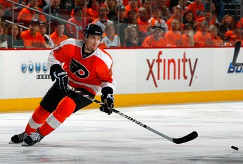 PHILADELPHIA, PA - MAY 02:  James van Riemsdyk #21 of the Philadelphia Flyers skates in Game Two of the Eastern Conference Semifinals against the Boston Bruins during the 2011 NHL Stanley Cup Playoffs at Wells Fargo Center on May 2, 2011 in Philadelphia,