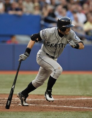 TORONTO, CANADA - JULY 20:  Ichiro Suzuki #51 of the Seattle Mariners runs to first base during MLB game action against the Toronto Blue Jays July 20, 2011 at Rogers Centre in Toronto, Ontario, Canada. (Photo by Brad White/Getty Images)