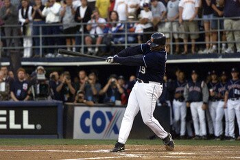 7 Oct 01:  San Diego Padres outfielder Tony Gwynn #19 grounds out to shortstop in his final Major League at bat, in their game versus the Colorado Rockies at Qualcomm Stadium in San Diego, California.  The Rockies won 14-5.  DIGITAL IMAGE Mandatory Credit