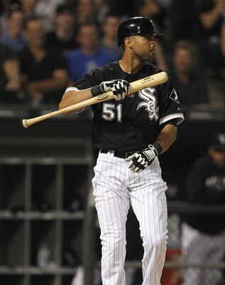 CHICAGO, IL - AUGUST 14: Alex Rios #51 of the Chicago White Sox reacts after striking out to end the 8th inning against the Texas Rangers at U.S. Cellular Field on August 19, 2011 in Chicago, Illinois. (Photo by Jonathan Daniel/Getty Images)