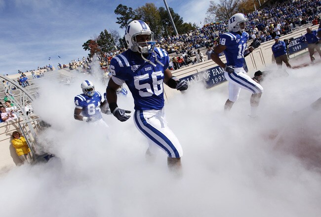 DURHAM, NC - NOVEMBER 14:  The Duke Blue Devils take the field before the game against the Georgia Tech Yellow Jackets at Wallace Wade Stadium on November 14, 2009 in Durham, North Carolina. (Photo by Joe Robbins/Getty Images)