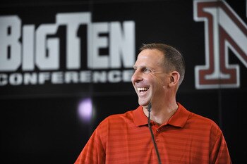 LINCOLN, NE - JUNE 11:  University of Nebraska football coach Bo Pelini jokes with members of the media at a press conference announcing Nebraska accepting an invitation to join the Big Ten Conference June 11, 2010  in Lincoln, Nebraska.  The university w