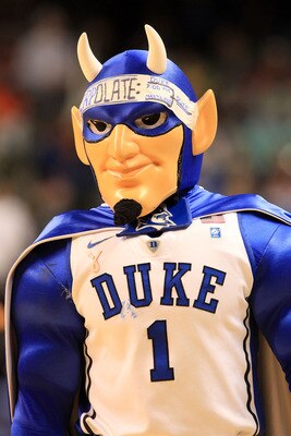 GREENSBORO, NC - MARCH 11:  The mascot for the Duke Blue Devils performs during the first half against the Maryland Terrapins in the quarterfinals of the 2011 ACC men's basketball tournament at the Greensboro Coliseum on March 11, 2011 in Greensboro, Nort