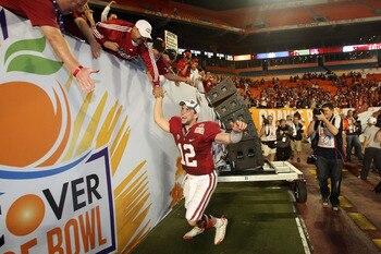 MIAMI, FL - JANUARY 03:  Orange Bowl MVP Andrew Luck of the Stanford Cardinal celebrates with fans after Stanford won 40-14 against the Virginia Tech Hokies during the 2011 Discover Orange Bowl at Sun Life Stadium on January 3, 2011 in Miami, Florida.  (P