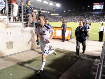 CARSON, CA - AUGUST 20:  Robbie Keane #14 of the Los Angeles Galaxy heads to the locker room at the end of the first half after scoring a goal against the San Jose Earthquakes in his debut at The Home Depot Center on August 20, 2011 in Carson, California.