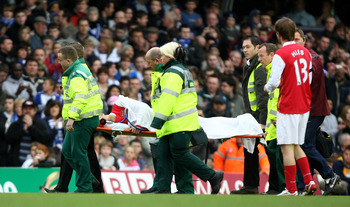 BIRMINGHAM, UNITED KINGDOM - FEBRUARY 23:  Eduardo da Silva of Arsenal is stretchered off after breaking his leg during the Barclays Premier League match between Birmingham City and Arsenal at St Andrews on February 23, 2008 in Birmingham, England.  (Phot