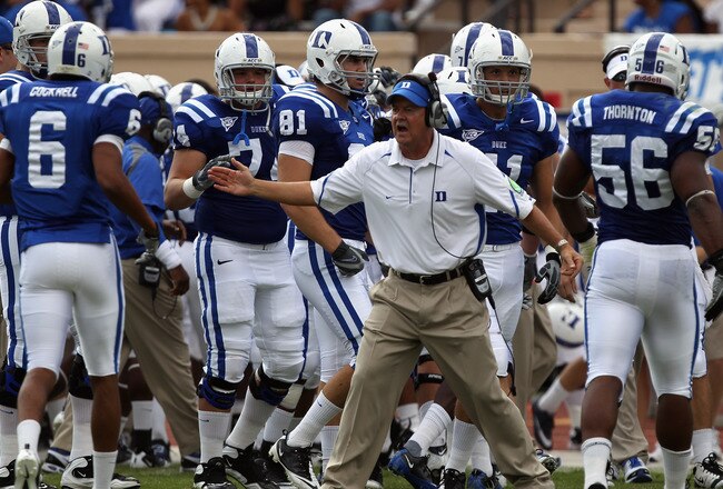 DURHAM, NC - SEPTEMBER 25:  Head coach David Cutcliffe of the Duke Blue Devils cheers on his team the Army Black Knights at Wallace Wade Stadium on September 25, 2010 in Durham, North Carolina.  (Photo by Streeter Lecka/Getty Images)