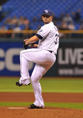 ST. PETERSBURG, FL - AUGUST 9:  Pitcher James Shields #33 of the Tampa Bay Rays starts against the Kansas City Royals August 9, 2011 at Tropicana Field in St. Petersburg, Florida. (Photo by Al Messerschmidt/Getty Images)