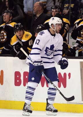 BOSTON, MA - MARCH 31:  Nazem Kadri #43 of the Toronto Maple Leafs celebrates after he made the game winning shot in the overtime shootout against the Boston Bruins on March 31, 2011 at the TD Garden in Boston, Massachusetts. The Toronto Maple Leafs defea