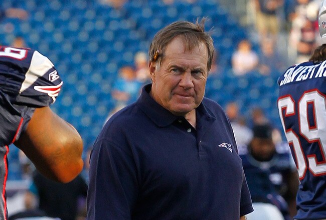 FOXBORO, MA - AUGUST 11:  Bill Belichick watches a drill before a game against the Jacksonville Jaguars at Gillette Stadium on August 11, 2011 in Foxboro, Massachusetts. (Photo by Jim Rogash/Getty Images)