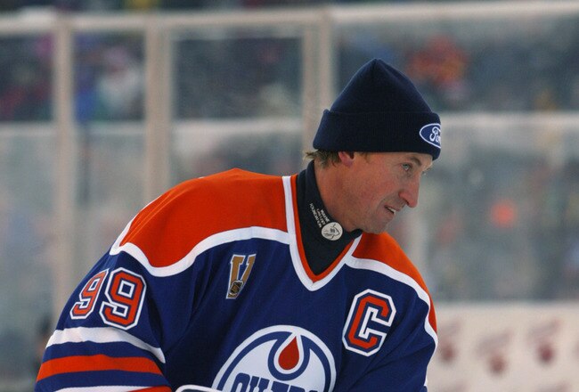 EDMONTON, CANADA - NOVEMBER 22:  Wayne Gretzky #99 of the Edmonton Oilers warms up prior to takin on the Montreal Canadiens in the Molson Canadien Heritage Classic Megastars Game on November 22, 2003 at Commonwealth Stadium in Edmonton, Canada. (Photo by