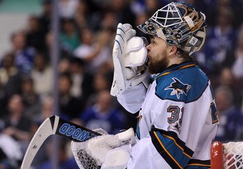 VANCOUVER, CANADA - MAY 24:  Goaltender Antti Niemi #31 of the San Jose Sharks looks up at the scoreboard during a break in play in Game Five of the Western Conference Finals against the Vancouver Canucks during the 2011 Stanley Cup Playoffs at Rogers Are