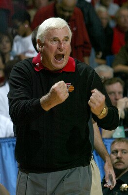 TUCSON, AZ - MARCH 19:  Head coach Bobby Knight of the Texas Tech Red Raiders shouts from the sidelines during the second half of the second round of the NCAA Men's Basketball Championship against the Gonzaga Bulldogs on March 19, 2005 in Mckale Center Ar