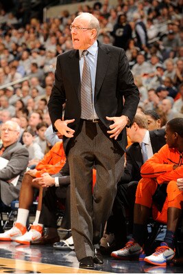 WASHINGTON, DC - FEBRUARY 26:  Head coach Jim Boeheim of the Syracuse Orange reacts to call during a college basketball game against the Georgetown Hoyas on February 26, 2011 at the Verizon Center in Washington, DC  The Orange 58-51.  (Photo by Mitchell L