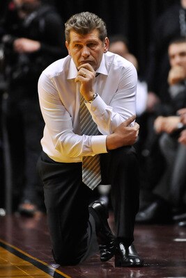 INDIANAPOLIS, IN - APRIL 3:  Head Coach Geno Auriemma of the Connecticut Huskies watches his team play the Texas A&M Aggies during the 2011 NCAA Women's Final Four at Conseco Fieldhouse on April 3, 2011 in Indianapolis, Indiana.  (Photo by Jamie Sabau/Get