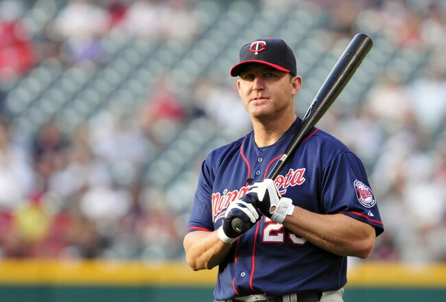 CLEVELAND, OH - AUGUST 12: Designated hitter Jim Thome #25 of the Minnesota Twins warms up prior to the game against the Cleveland Indians at Progressive Field on August 12, 2011 in Cleveland, Ohio. (Photo by Jason Miller/Getty Images)