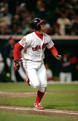 13 Oct 1995: Jim Thome of the Cleveland Indians runs the bases as the looks at the ball during a game agaisnt the Atlanta Braves at the Jacobs Field in Cleveland, Ohio. The Indians defeated the Braves 7-6.