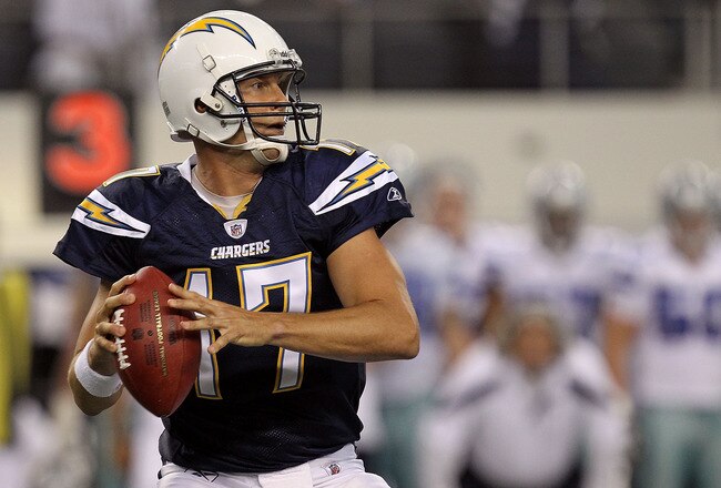 ARLINGTON, TX - AUGUST 21:  Philip Rivers #17 of the San Diego Chargers throws against the Dallas Cowboys during a preseason game at Cowboys Stadium on August 21, 2011 in Arlington, Texas.  (Photo by Ronald Martinez/Getty Images)