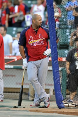 CHICAGO, IL - AUGUST 21: Albert Pujols #5 of the St. Louis Cardinals takes batting practice prior to the game against the Chicago Cubs on August 21, 2011 at Wrigley Field in Chicago, Illinois.  (Photo by David Banks/Getty Images)
