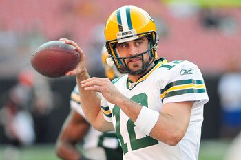 CLEVELAND, OH - AUGUST 13: Starting quarterback Aaron Rodgers #12 of the Green Bay Packers warms up prior to the game between the Cleveland Browns and the Green Bay Packers at Cleveland Browns Stadium on August 13, 2011 in Cleveland, Ohio. (Photo by Jason