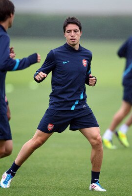 ST ALBANS, ENGLAND - AUGUST 23:  Samir Nasri of Arsenal during a training session ahead of their UEFA Champions League Qualifying second leg match against Udinese at London Colney on August 23, 2011 in St Albans, England.  (Photo by Julian Finney/Getty Im