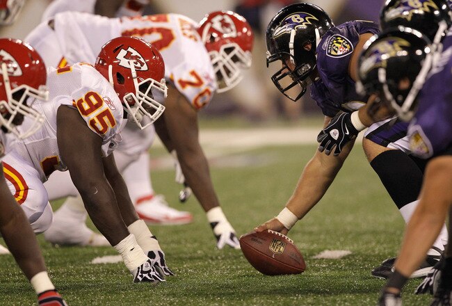 BALTIMORE, MD - AUGUST 19: The Kansas City Chiefs defense lines up against the Baltimore Ravens offense during the first half of a preseason game at M&T Bank Stadium on August 19, 2011 in Baltimore, Maryland.  (Photo by Rob Carr/Getty Images)