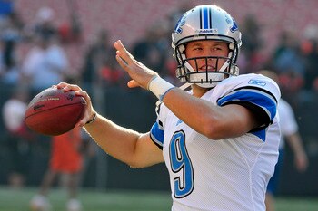 CLEVELAND, OH - AUGUST 19: Starting quarterback Matthew Stafford #9 of the Detroit Lions warms up prior to the game between the Cleveland Browns and the Detroit Lions at Cleveland Browns Stadium on August 19, 2011 in Cleveland, Ohio. (Photo by Jason Mille