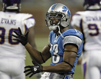 DETROIT, MI - JANUARY 02: Nate Burleson #13 of the Detroit Lions reacts after a second quarter first down catch while playing the Minnesota Vikings at Ford Field on January 2, 2011 in Detroit, Michigan.  (Photo by Gregory Shamus/Getty Images)