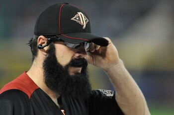 PHOENIX, AZ - JULY 11:  National League All-Star Brian Wilson #38 of the San Francisco Giants looks on during the Gatorade All-Star Workout Day at Chase Field on July 11, 2011 in Phoenix, Arizona.  (Photo by Norm Hall/Getty Images)