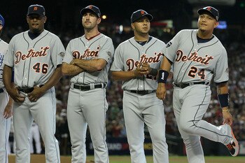 PHOENIX, AZ - JULY 12:  American League All-Star Jose Valverde #46 of the Detroit Tigers stands with American League All-Star Justin Verlander #35 of the Detroit Tigers American League All-Star Jhonny Peralta #27 of the Detroit Tigers and American League