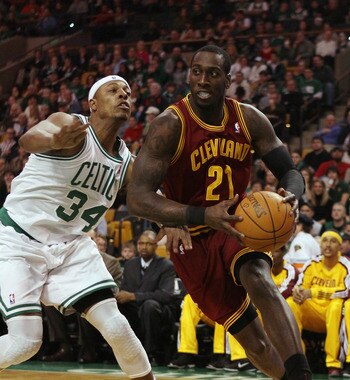 BOSTON, MA - JANUARY 25:  J.J. Hickson #21 of the of the Cleveland Cavaliers heads for the net as Paul Pierce #34 of the Boston Celtics defends on January 25, 2011 at the TD Garden in Boston, Massachusetts.   NOTE TO USER: User expressly acknowledges and