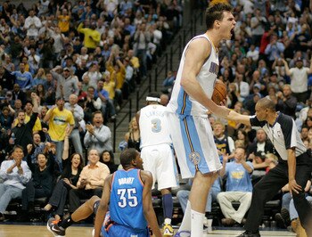 DENVER, CO - APRIL 25:  Danilo Gallinari #8 of the Denver Nuggets celebrates a call in favor of the Nuggets after Kevin Durant #35 of the Oklahoma City Thunder stepped out of bounds in Game Four of the Western Conference Quarterfinals in the 2011 NBA Play