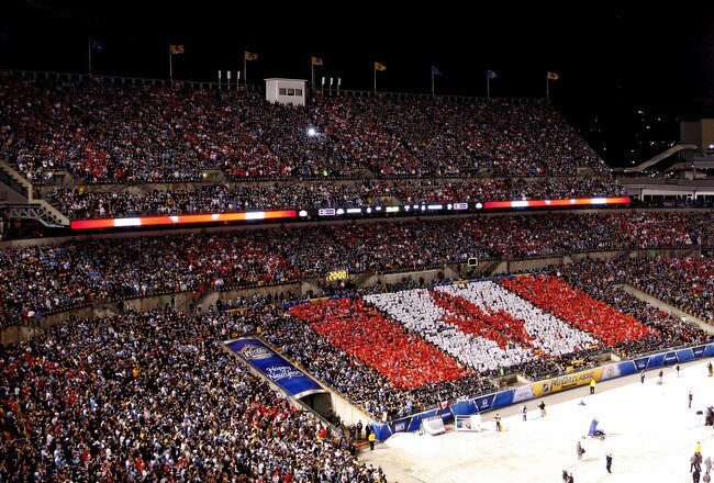 PITTSBURGH, PA - JANUARY 01:  A Canadian Flag is seen in the stands during the singing of the Canadian Anthem before the start of the 2011 NHL Bridgestone Winter Classic at Heinz Field on January 1, 2011 in Pittsburgh, Pennsylvania.  (Photo by Justin K. A