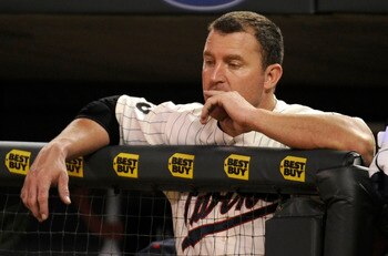MINNEAPOLIS, MN - AUGUST 6: Jim Thome #25 of the Minnesota Twins looks on durning the ninth inning against the Cleveland Indians on August 6, 2011 at Target Field in Minneapolis, Minnesota. The White Sox defeated the Twins 6-1. (Photo by Hannah Foslien/Ge
