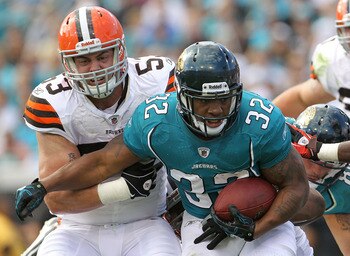 JACKSONVILLE, FL - NOVEMBER 21:  Maurice Jones-Drew #32 of the Jacksonville Jaguars is chased down by Matt Roth #53 during a game agaisnt the Cleveland Browns at EverBank Field on November 21, 2010 in Jacksonville, Florida.  (Photo by Mike Ehrmann/Getty I