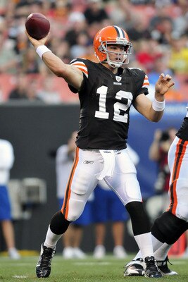 CLEVELAND, OH - AUGUST 19: Starting quarterback Colt McCoy #12 of the Cleveland Browns looks to pass during the first quarter against the Detroit Lions at Cleveland Browns Stadium on August 19, 2011 in Cleveland, Ohio. (Photo by Jason Miller/Getty Images)