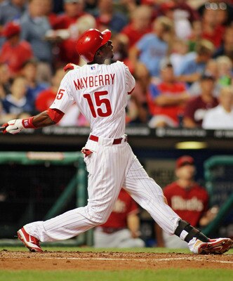 PHILADELPHIA , PA - AUGUST 17:  John Mayberry Jr. #15 of the Philadelphia Phillies bats against the Arizona Diamondbacks at Citizens Bank Park on August 17, 2011 in Philadelphia, Pennsylvania.  The Phillies defeated the Diamondbacks 9-2.  (Photo by Len Re