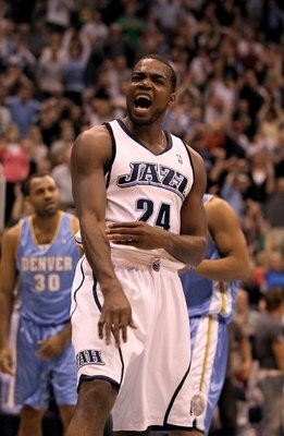 SALT LAKE CITY - APRIL 30:  Paul Millsap #24 of the Utah Jazz celebrates after making a dunk during their game against the Denver Nuggets during Game Six of the Western Conference Quarterfinals of the 2010 NBA Playoffs at EnergySolutions Arena on April 30