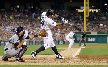 DETROIT, MI - AUGUST 16: Miguel Cabrera #24 of the Detroit Tigers hits a sixth inning single that scored a run while playing the Minnesota Twins at Comerica Park on August 16,  2011 in Detroit, Michigan. Detroit won the game 7-1. (Photo by Gregory Shamus/