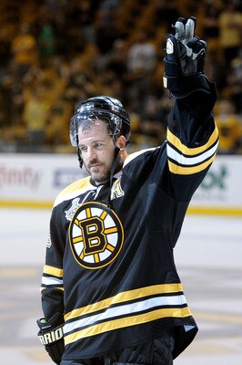 BOSTON, MA - JUNE 06:  Mark Recchi #28 of the Boston Bruins celebrates after defeating the Vancouver Canucks in Game Three of the 2011 NHL Stanley Cup Final at TD Garden on June 6, 2011 in Boston, Massachusetts. The Boston Bruins defeated the Vancouver Ca