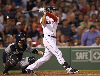 BOSTON - AUGUST 16:  Jacoby Ellsbury #2 of the Boston Red Sox connects for a home run against the Tampa Bay Rays in the second game of a doubleheader at Fenway Park on August 16, 2011 in Boston, Massachusetts.  (Photo by Jim Rogash/Getty Images)