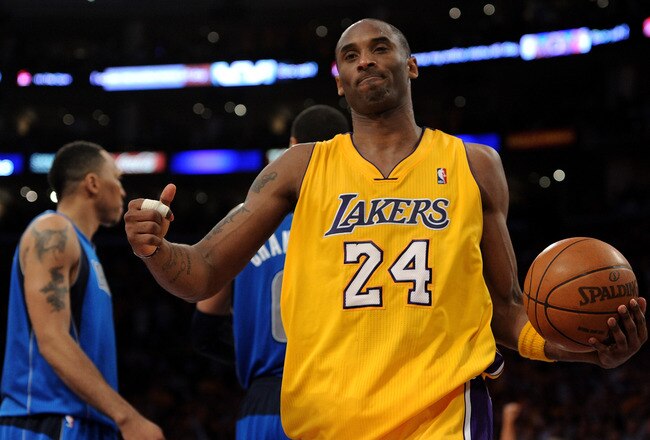 LOS ANGELES, CA - MAY 02:  Kobe Bryant #24 of the Los Angeles Lakers reacts late in the fourth quarter while taking on the Dallas Mavericks in Game One of the Western Conference Semifinals in the 2011 NBA Playoffs at Staples Center on May 2, 2011 in Los A