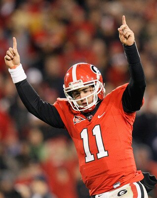 ATHENS, GA - NOVEMBER 27:  Quarterback Aaron Murray #11 of the Georgia Bulldogs reacts after scoring a touchdown against the Georgia Tech Yellow Jackets at Sanford Stadium on November 27, 2010 in Athens, Georgia.  (Photo by Kevin C. Cox/Getty Images)